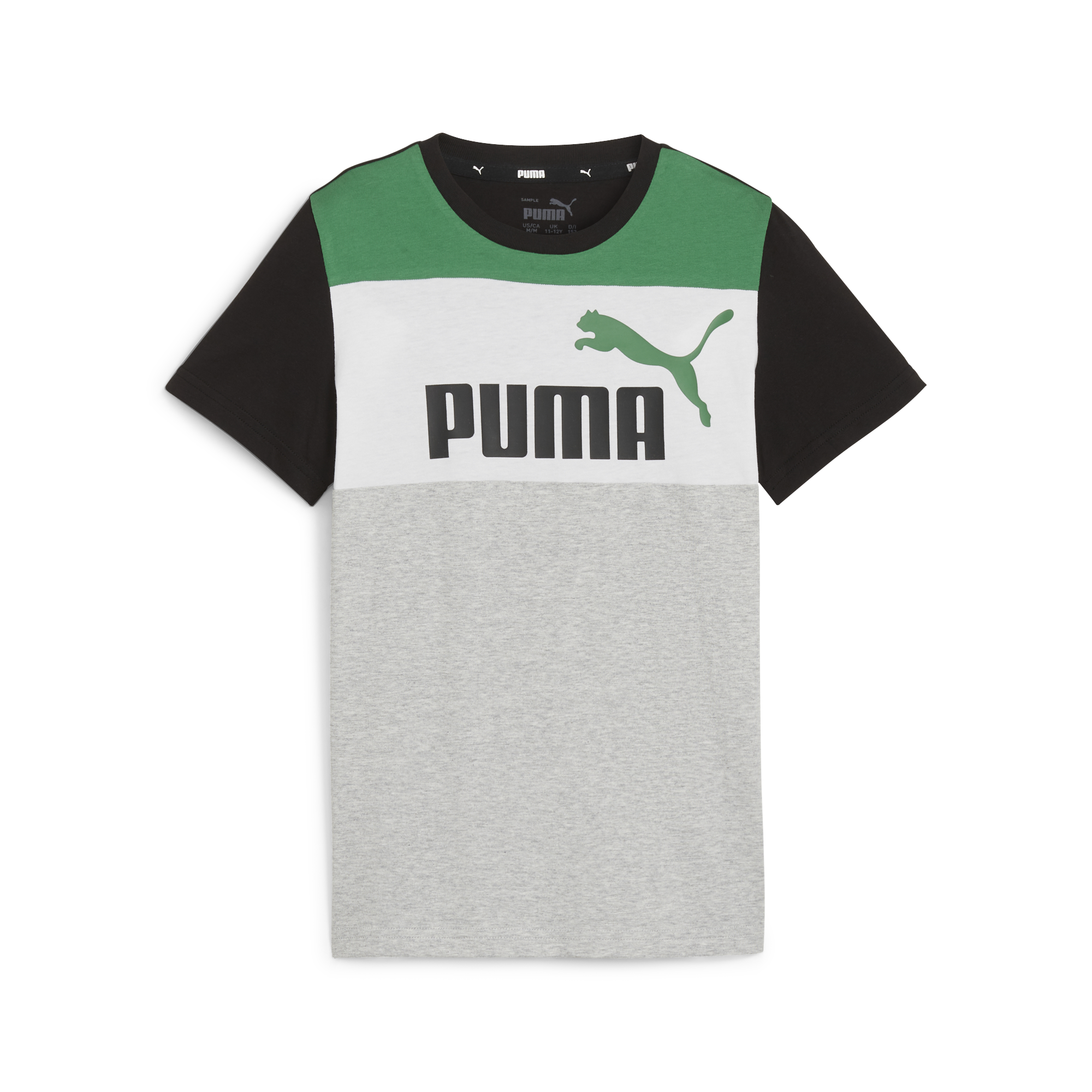 T-shirt verde, nera e grigia da bambino con logo sul petto Puma Essentials Block, Abbigliamento Sport, SKU a762000088, Immagine 0